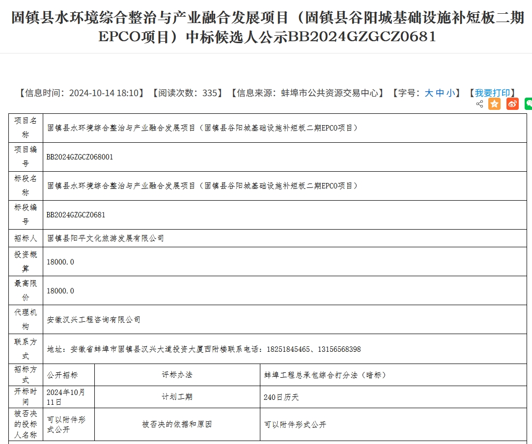 1.8億！安徽固鎮(zhèn)縣水環(huán)境綜合整治與產(chǎn)業(yè)融合發(fā)展項目二期EPCO項目開標(biāo)