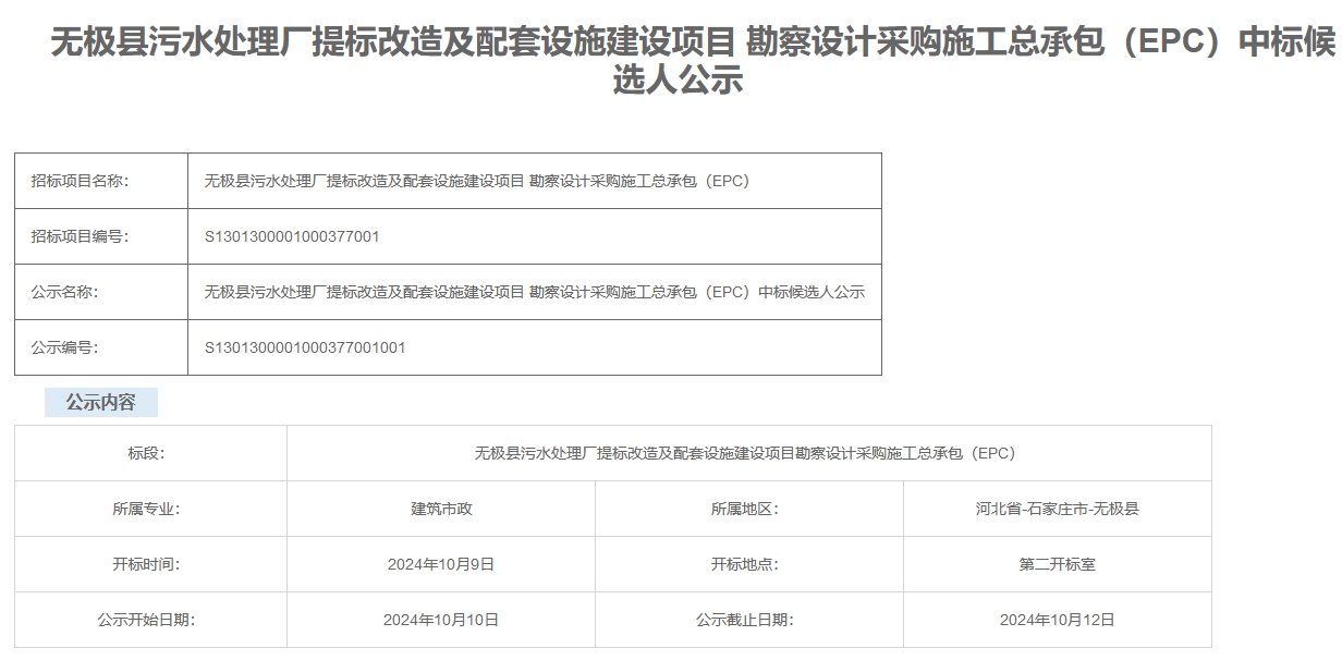 限價(jià)1.06億！河北無(wú)極污水處理廠(chǎng)提標(biāo)改造及配套設(shè)施建設(shè)項(xiàng)目EPC開(kāi)標(biāo)
