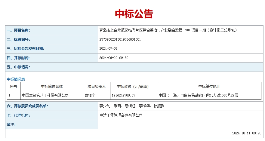 中建八局中標超17億EOD項目